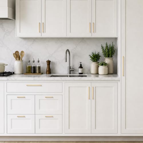 Image of Ravinte Champagne Bronze Kitchen Cabinet Solid Handles,5 Inch,5 Pack | Solid Zinc Alloy, Modern Slim Style, Square Design, Deep-Thread Firm Base, Screws Included, for Kitchen Drawers & Cupboards
