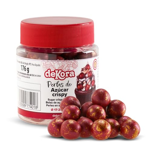 dekora – Bolas de Chocolate Crispy Navidad Rojo y Dorado 176g (1,7–2 cm) – Sprinkles de Repostería para Decorar Tartas y Cupcakes – 59 Perlas Comestibles Crujientes Especial Navidad