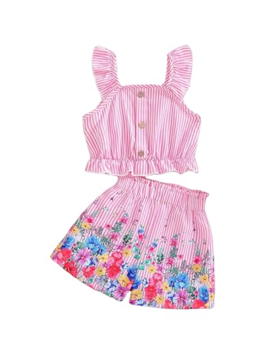 Image of Kids Toddler Girls Summer Clothes Button Design Striped Tank Top + Floral-Print Elastic Shorts 2 Piece Outfits