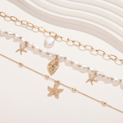 Seashell Starfish Necklace for Women Summer Pearl Beach Conch Shell 14k Gold Layered Dainty Choker4