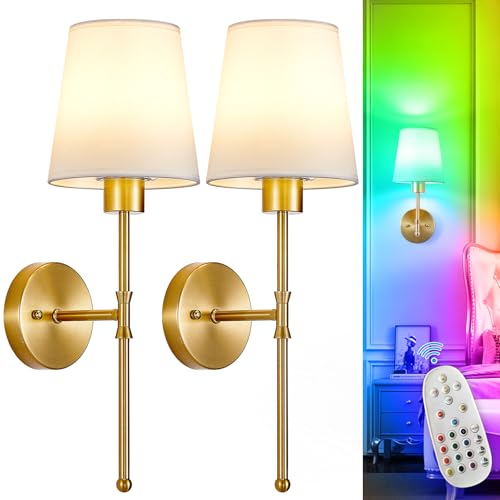 Image of Depuley Battery Operated Wall Sconce: Set of 2 19.99" Wireless Wall Lights with Remote for Bedroom - Rechargeable 15 Colors Gold Wall Lamp for Living Room Hallway Decor