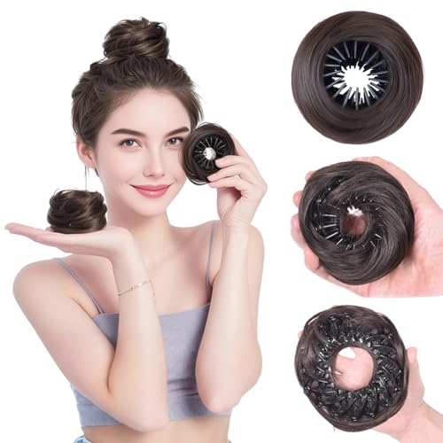 Chignon moelleux synthétique raide marron clair avec pince et élastique