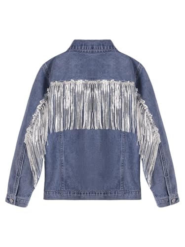 MakeMeChic Girl's Jean Jacket Fringe Button Down Long Sleeve Collared Y2k Denim Jacket2