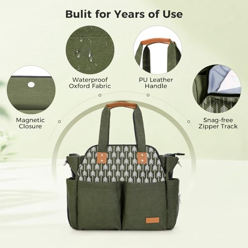 Lekebaby Diaper Bag Tote for Baby - 17 Pockets Large Travel Diaper Tote with Portable Changing Pad, Mom Crossbody Hospital Bag for Labor Delivery, Waterproof, Baby Essentials for Newborn Gifts, Green