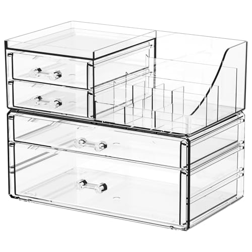 SUOXING Clear Acrylic Makeup Organizer for Vanity,Bathroom,Dresser,4 Drawer Make up Organizers for Counter,Plastic Countertop Makeup Storage for Beauty,Hair Accessory,Brush,Cosmetic,Skincare Organizer