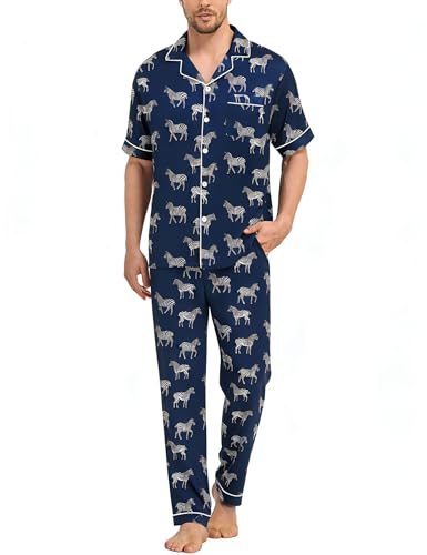 Image of SWOMOG Mens Silk Pajamas Set Satin Pj Set Short Sleeve Sleepwear Button Down Lounge Set with Drawstring & Pockets S-3XL