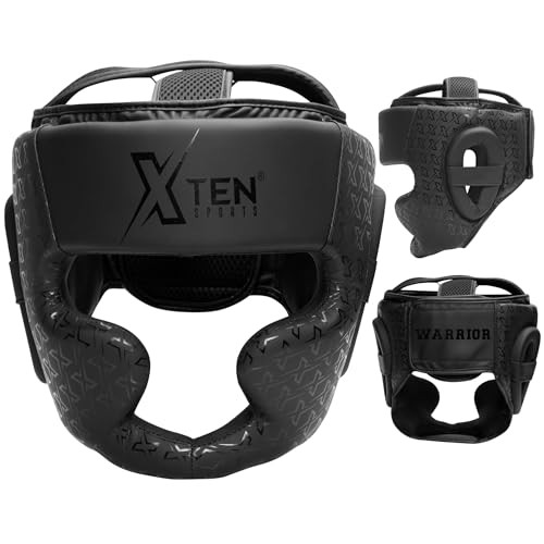 Headguard for Boxing by XTEN, MMA Training, Adjustable Padded Head Guard with Cheeks, Forehead and Ear Protection for Muay Thai, Kickboxing, Sparring, Martial Arts, Karate, Taekwondo (BLACK, S/M)