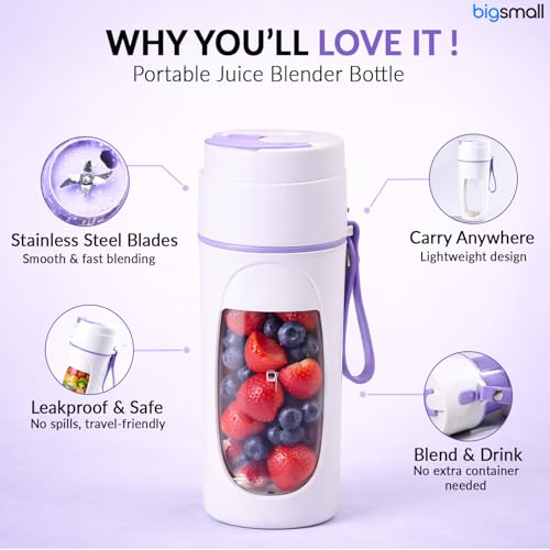 Image of Bigsmall Portable & Rechargeable Smoothie Blender Leak-Proof Lid - For Smoothies, Juices, Milkshakes, Baby Food, Ice Crushing & More (340ml) - 10 Stainless Steel Blades- (Purple)