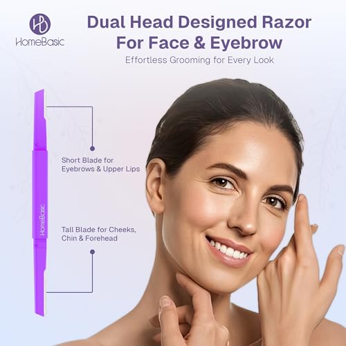 Image of HomeBasic Face Razor for Women | Dual Blade Eyebrow Trimmer & Dermaplaning Tool for Facial Hair Removal | Reusable Stainless Steel Grooming Tool for Upper Lip, Chin, Forehead & Peach Fuzz | Pack of 3