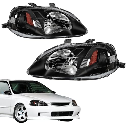 Headlight Assembly Compatible with 1999-2000 Honda Civic Black Headlights Headlamps Head Light LH RH Complete Assembly Set Pair Compatible/Replacement For Civic EK EX EL HO2502113 HO2503113