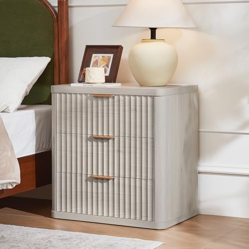 Image of LEYAOYAO 23 inch Wide Fluted Farmhouse Night Stand Set of 2 with Charging Station, 3 Drawers Large End Table w /Metal Handle, LightGrey Nightstand Bedside Table,Wood Dresser for Bedroom, Closet