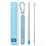 Flyby Portable Reusable Drinking Straws | Collapsible & Foldable Telescopic Stainless Steel Metal Straw Dispenser | Final Aluminum Case, Long Cleaning Brush, Silicone Tip | Light Blue