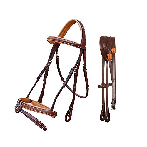 Exion Comfort weich gefütterte Trensenzaumzeug Jäger Springtrense mit abnehmbarem Blitz & Gummizügeln | anatomische englische Trense für Pferde (Eichenbraun, Cob)