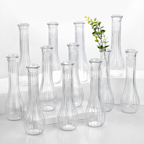 Glass Bud Vases for Centerpiece 12 Pcs Small Clear Ribbed Flower Vases for Weddings Parties Home Decor (8.5 Tall Bulk Set) - Minimalist Table Vase for Roses Pampas Grass DIY Arrangements