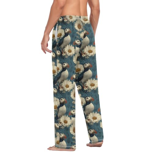 Aflyko Bird Men's Pajama Pants White Flower Puffins Cute Pjs Sleepwear Bottoms3