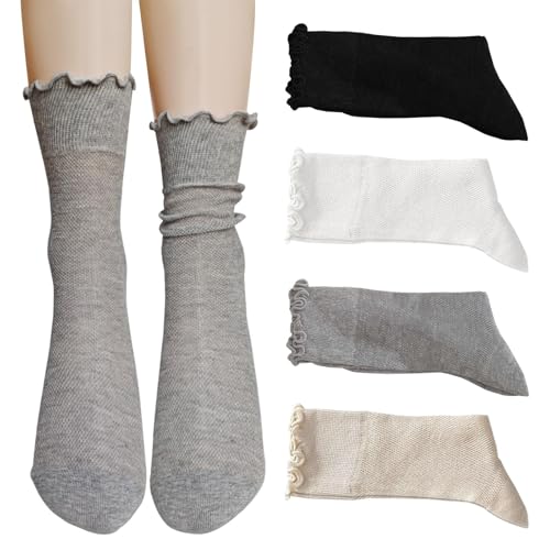 Image of zrylibya Women Cute Roll Top Turn Cuff Slouch Socks Hollow Out Crochet Solid Casual Crew Socks 4 Pairs