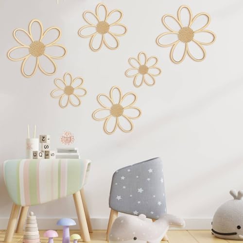 Thyle 6 Pcs Daisy Wall Decor Wooden Flower for Nursery,Wood Color