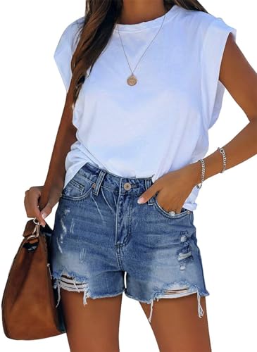 Image of onlypuff Womens Jean Short Cut Off Denim Shorts High Waist Ripped Distressed Stretchy