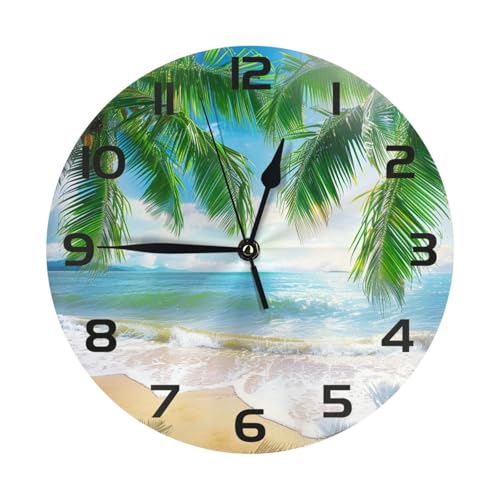 Tangopi Beach Sea Palm Leaf Wall Clock 10 Inch Silent Non Ticking Wall Clocks Battery Operated Wall...