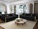 DOOSOODAA 2-Piece Loveseat Couch Set for Living Room, 86' Black Velvet Sofa Couch with 4 Pillows & Gold Metal Legs, Modern Upholstered Sofa Set Love Seat Sectional Couches for Apartment Home Office