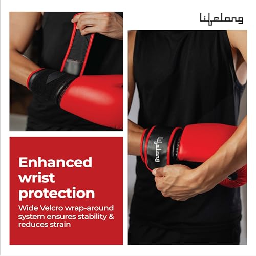 Image of Lifelong Boxing Gloves for Men and Women | Punching Bag Gloves with Moulded Foam Padding | for Training, Boxing, Kickboxing, Muay Thai, MMA | Durable PU Leather 1 Pair Gloves (Size 16 OZ, Color Red)