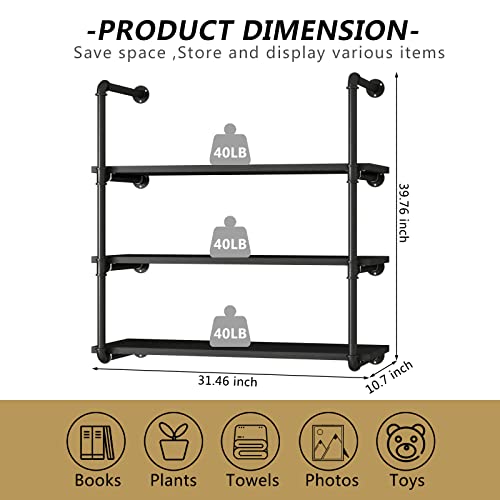Azerpian Floating Shelves Wall Mounted Industrial Pipe Unit Metal Hung Bracket Bookshelf For Bedroom Living Room Bathroom Kitchen, (Black, 3 Tier) #TOP4