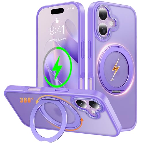 iPhone 17 用 ケース Magsafe対応 ワイヤレス充電 360°回転スタンド 縦横両対応 Gunwon スマホケース あいふおん 17 用 米軍規格 耐衝撃 半透明 マット感 マグセーフ 防指紋 リング マグネット搭載 アイフォン17 用 カバー「藤紫」