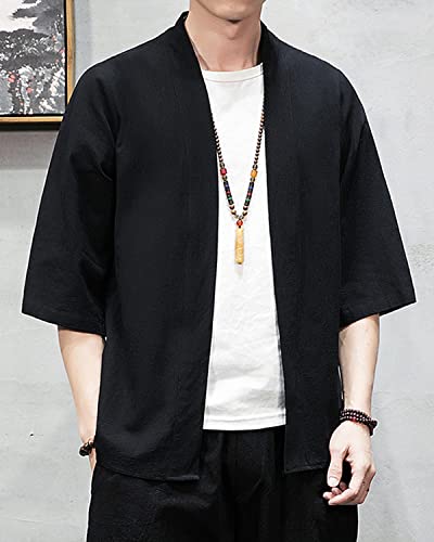Image of Men's Japanese Kimono Cardigan Loose Cotton Linen 3 /4 Sleeve Open Front Casual Summer Shirt Jackets