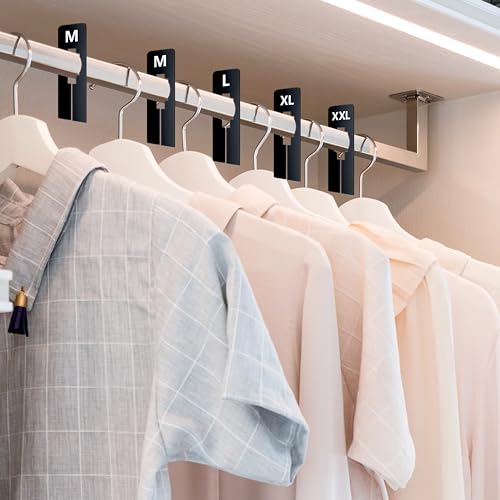 Vantasii 40er-Pack rechteckiger schwarzer Kunststoff-Kleidergrößen-Trennwände für Kleiderbügel, vorgedruckt in 8 Größen XXS, XS, S, M, L, XL, XXL, XXXL (6.4cm x 12.7cm, Innendurchmesser 3.5cm)