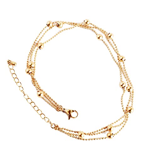 Bracelet De Cheville Femme En Acier Inoxydable - 3 Rangs, Réglable 21-26 Cm, Avec Perles Et Charms