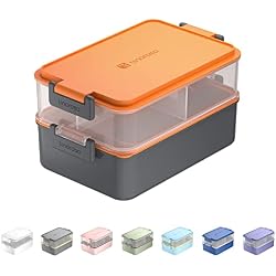 linoroso Stackable 2-Tier Adult Bento Box, 4 Compartments - Lava Orange | leakproof bento lunch box with fork & spoon + sauce cups, microwave/dishwasher safe, perfect for office, school & daily meals