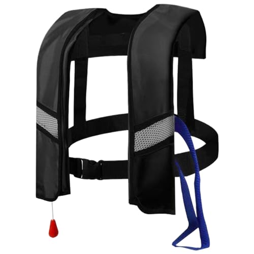 Hperu Pesca de Chaleco Salvavidas Inflación automática 150n Nylon Buckle Swim Chaleco con Tiras Reflectantes y Silbato Tubo Adicional Agua Portable Vida Salvavidas (Talla única, Negra)