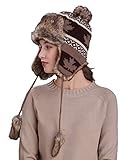 Home Prefer Womens Faux Fur Knit Peruvian Hat Warm Earflap Ski Cap Winter Trapper Aviator Hat Coffee