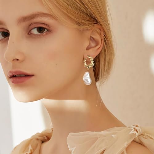 Yowivon Pearl Drop Earrings 14K Gold Plated Dangle Hypoallergenic Statement Earring Trendy Fashion Jewelry Gifts for Women Birthday Wedding2