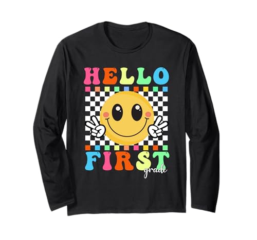 Hello First Grade Back To School Retro 1er Grado Niñas Niños Manga Larga