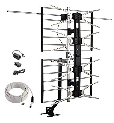 McDuory Digital HDTV Outdoor Amplified Antenna - 150 Miles Range - Mounting Pole & 40 feet RG6 Coaxial Cable Included - Optimized Performance in UHF & VHF - Tools Free Installation