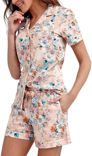 womens Cotton Pajama Set With Short Sleeve Button-up Shirt and Sh...