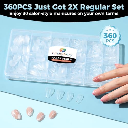 Image of Luckyfairy Extra Short Almond Nail Tips, 360pcs Soft Gel Pre-Shaped Acrylic XS Fake Nails, Half Matte Full Cover Clear Press on Flase Nail Tips for Extension Manicure Home DIY 12 Sizes Gelly Tips