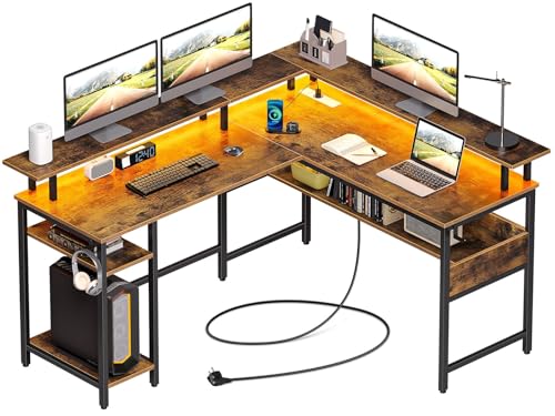 Rolanstar Bureau Gaming 137×108 cm - Bureau d'angle Ordinateur avec LED RGB, Prise USB/Électrique, Étagères Réglables - pour Jeu Travail Étude (Marron)