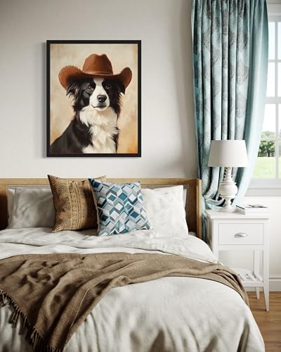 Image of Border Collie Cowboy Hat Wall Black Framed Art Print Poster, Dog Pet Lover Picture Painting Artwork Bedroom Living Room Office Dining Room 150D (Border Collie Cowboy Hat, 14 inch L x 11 inch W, Black Frame)
