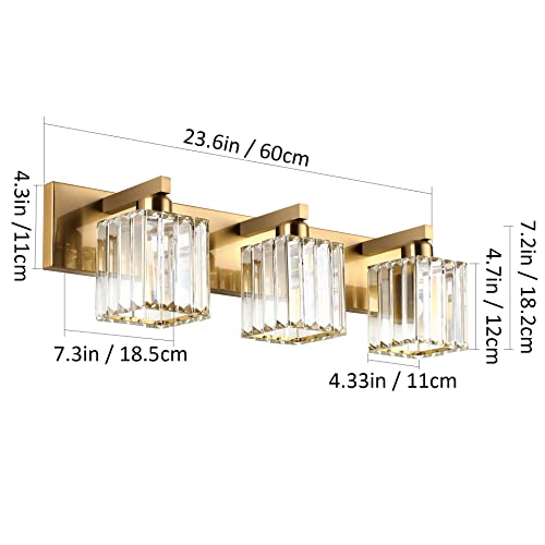 Image of Aipsun Bathroom Vanity Light Fixtures Crystal Vanity Lighting Fixtures Brass 3 Light Bathroom Lighting (Exclude Bulb)