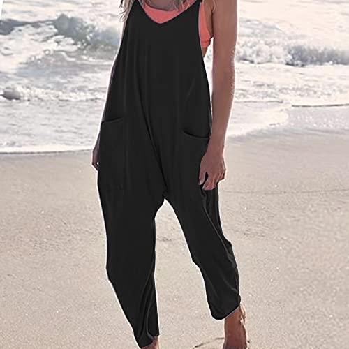 Seeluna Womens Casual Sleeveless Jumpsuits V-Neck Spaghetti Strap Wide Leg Romper Overalls Jumpsuit With Pockets(Black,M) #TOP4