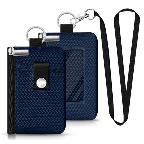 Image of Minimalist RFID Blocking Small Wallet with ID Window,WaterResistant Zip Id Case Wallet with Lanyard Keychain for Cards,Cash,Travel,Women,Men (Dark blue)
