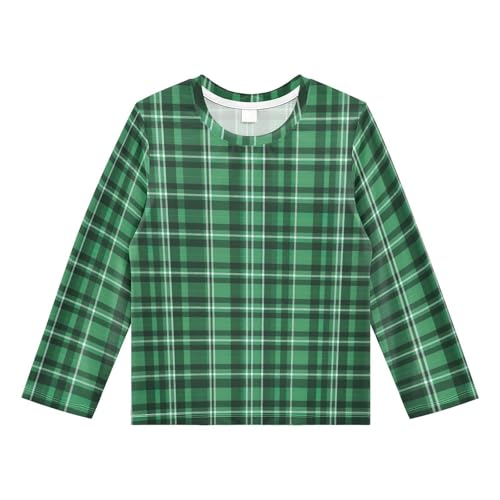 Fashion Green Plaid Pattern Boys Rash Guard Swim Shirts Long Sleeve UPF 50+ Quick Dry Sun Protection Shirt Swimwear Surf Tops for Toddler Kid Fishing Swimming Outdoor 11-12T