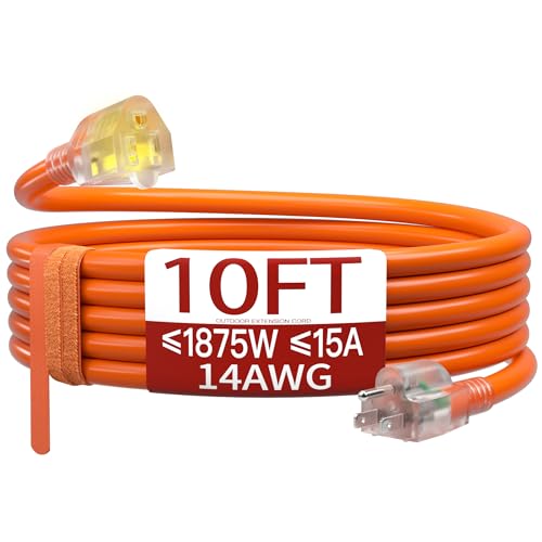 10 FT 14/3 Extension Cord Outdoor, Heavy Duty Weatherproof & Flame Retardant Orange 3 Prong Power Cord with Light, Outside for Lawn & Garden, 15 Amps 1875 Watts 125 VAC 14AWG SJTW, ETL Listed