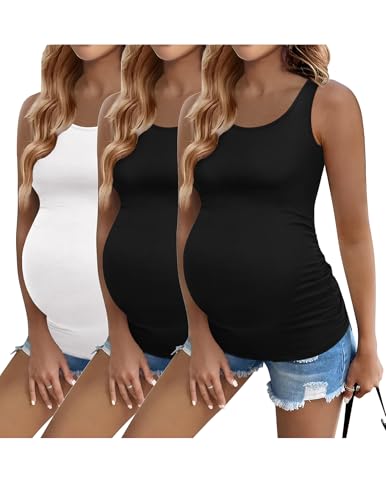 Ekouaer 3 Pack Women Soft Maternity Tank Tops Summer Casual Work Outfit Wear Crew Neck Pregnancy Blouse M Black/Black/White