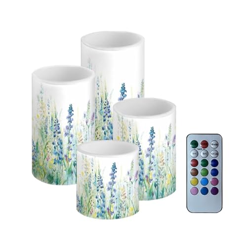 Image of Flameless Candles Battery Powered LED Candles with Remote Timer Color Changing Control for Indoor Outdoor Home Table Beach Wedding Decoration Set of 4, Blue Green Floral