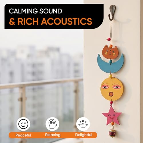 Image of Aakriti Art Creations Sunny Kitty Wind Chime Multicolor | Handmade Wooden & Metal Windchimes for Home | Decorative Wind Chimes for Balcony, Garden, Living Room | Feng Shui Wind Chime Decor