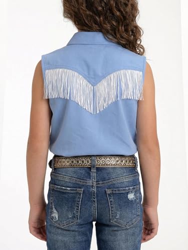 Image of Girls Fringe Shirt Sleeveless Button Down Western Cowgirl Tassel Trim Casual Blouse Shirt Top 4-13Y