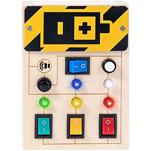 RICUSHN Montessori Busy Board Wooden LED Light Switch Busy Board Toy Wooden Sensory Toys for Toddlers with LED Buttons Wires and Light Educational Learning Toy for 1 to 8 Years Old Toddler Cover